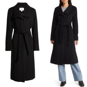 Cole Haan Signature Slick Belted Long Coat Black Wool Blend Size 8 NWT